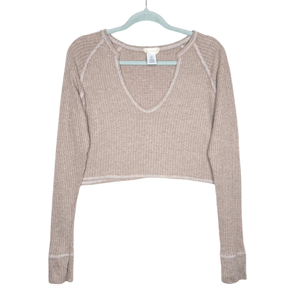 Altar'd State Waffle Knit Long Sleeve Crop Top Size Small Brown Cropped Pullover